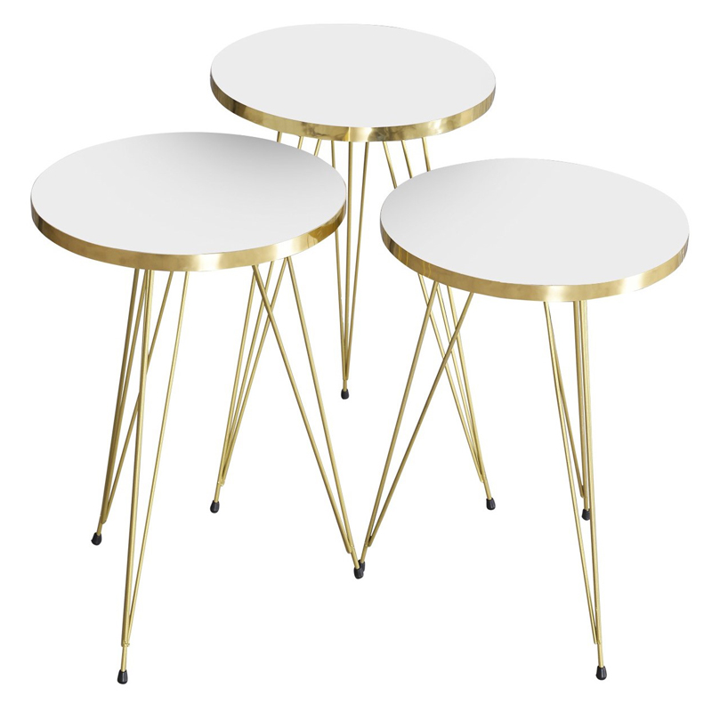 SET 3 TABLES DIAMETRES 33 CM BLANC PIEDS METAL. HAUTEUR 48/51/54 CM