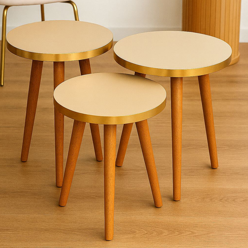 SET 3 TABLES DIAMETRES 33 CM BEIGE PIEDS METAL. HAUTEUR 48/51/54 CM