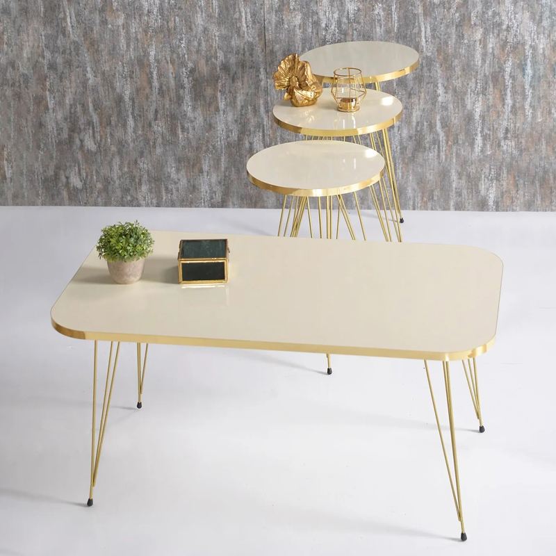 SET 4 TABLES BEIGE : 3 X DIAMETRES 33 CM + TABLE 90X50X43 CM PIEDS METAL