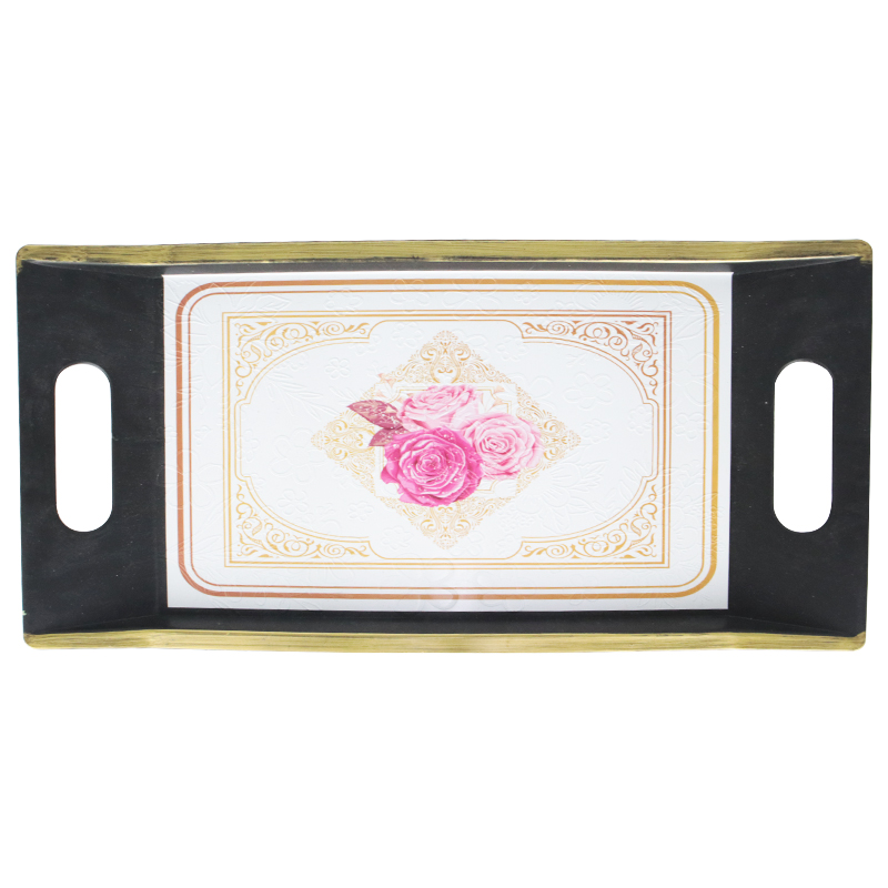 PLATEAU DECO PLASTIQUE 37X17 CM COULEUR NOIR ET BORDURE OR