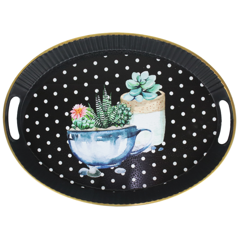 PLATEAU DECO PLASTIQUE OVAL 42X30 CM COULEUR NOIR ET BORDURES OR