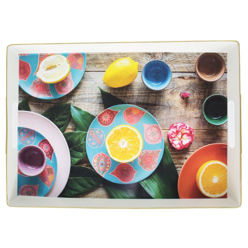 PLATEAU DECO PLASTIQUE 37X26 CM COULEUR BLANC ET BORDURES OR