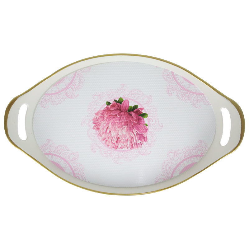 PLATEAU DECO PLASTIQUE OVAL 45X28 CM COULEUR BLANC ET BORDURES OR