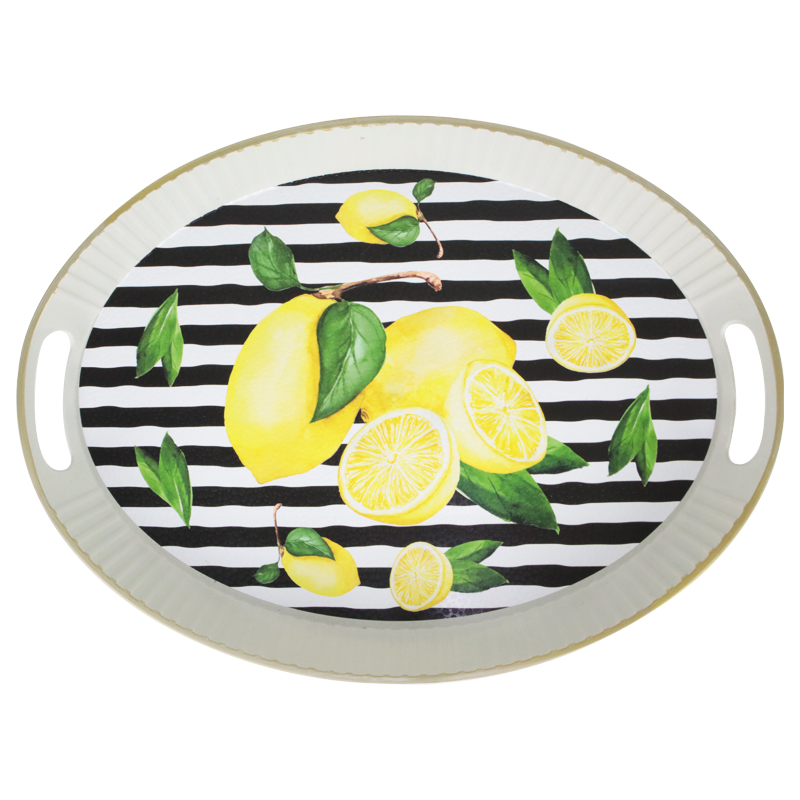 PLATEAU DECO PLASTIQUE OVAL 42X31 CM COULEUR BLANC ET BORDURES OR