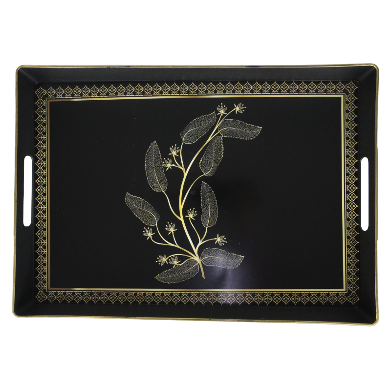 PLATEAU DECO PLASTIQUE 37X26 CM COULEUR NOIR ET BORDURES OR