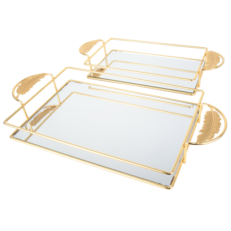 SET 2 PLATEAU DECO METAL AVEC MODELE FEUILLE 24X37 ET 30X17 CM MODELE OR 