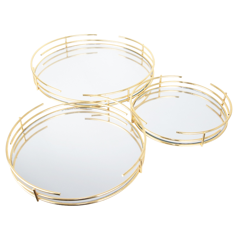 SET 3 PLATEAUX DECO METAL ROND 25 / 32 / 37 CM MODELE OR 