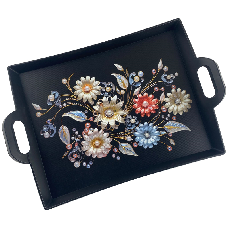 PLATEAU DECO PLASTIQUE AVEC POIGNEE 47X31 CM MIX NOIR / BLANC