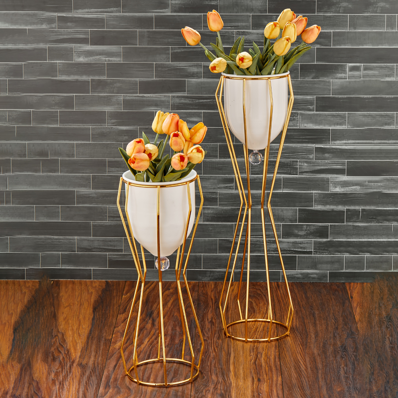 SET 2 POTS DE FLEUR DECO METAL 48X18X18 // 65X18X18 CM MODELE OR 