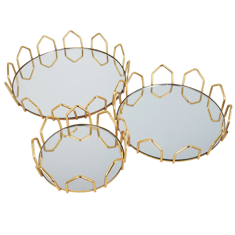 SET 3 PLATEAUX DECO METAL ROND 20 CM / 25 CM / 30 CM MODELE OR 