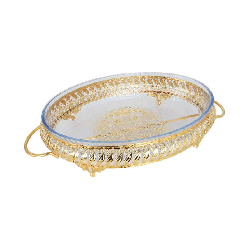PLATEAU DECO METAL AVEC PLAT A FOUR EN VERRE 33X18X8 CM 