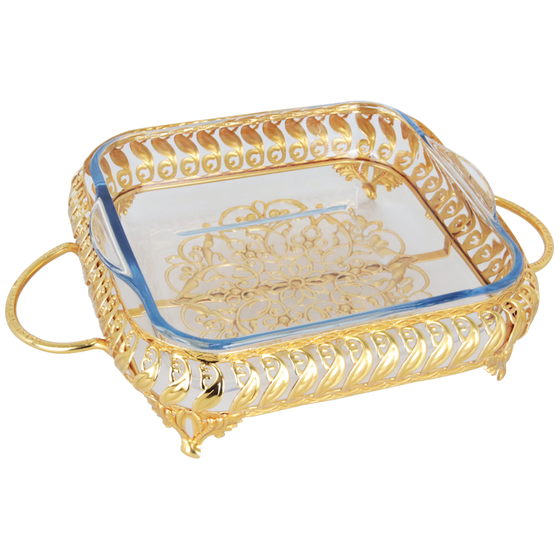 PLATEAU DECO METAL AVEC PLAT A FOUR EN VERRE 36X28X8 CM 