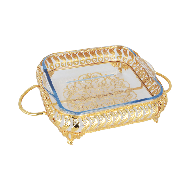 PLATEAU DECO METAL AVEC PLAT A FOUR EN VERRE 31X23X8 CM 