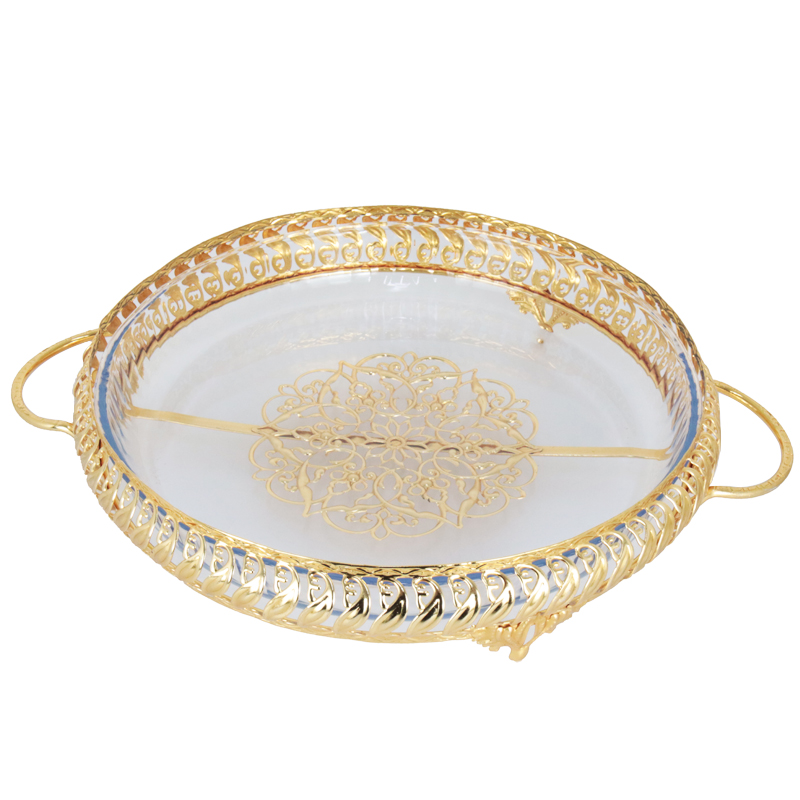 PLATEAU DECO METAL AVEC PLAT A FOUR EN VERRE 40X31X8 CM 