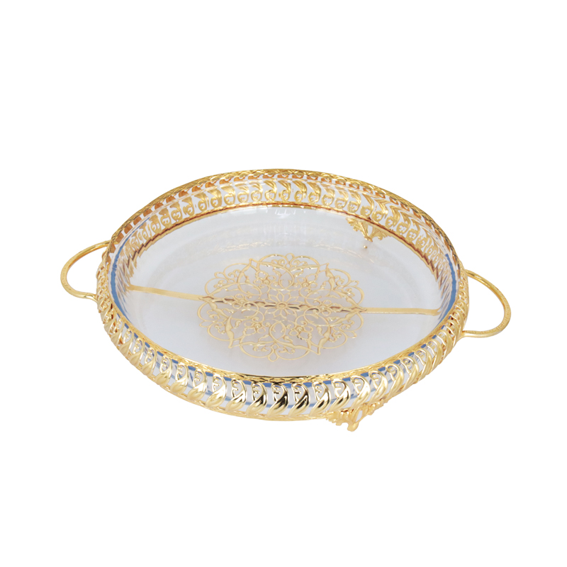 PLATEAU DECO METAL AVEC PLAT A FOUR EN VERRE 32X25X8 CM 