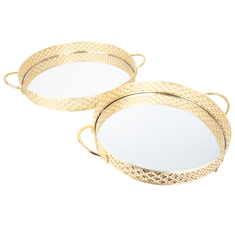 SET 2 PLATEAUX DECO METAL ROND AVEC POIGNEE. 30 CM / 35 CM MODELE OR
