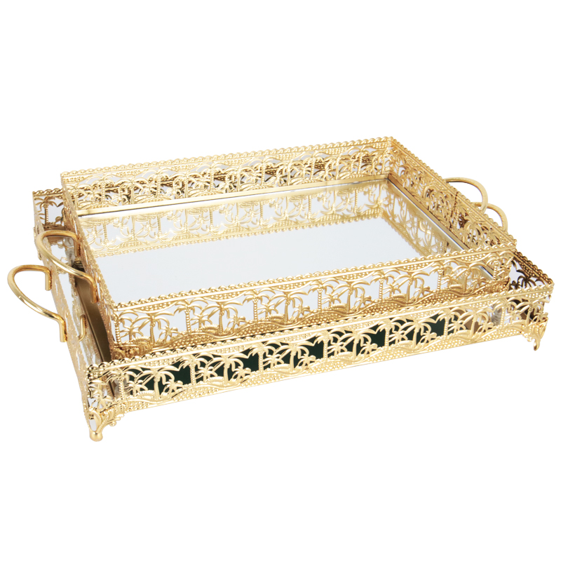 SET 2 PLATEAUX DECO METAL RECTANGULAIRE 37X24 / 43X31 CM MODELE OR