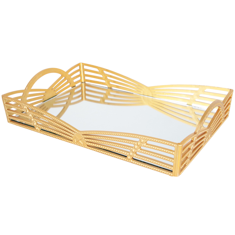 PLATEAU DECO PLASTIQUE ET MIRROIR 32X20 CM MODELE OR