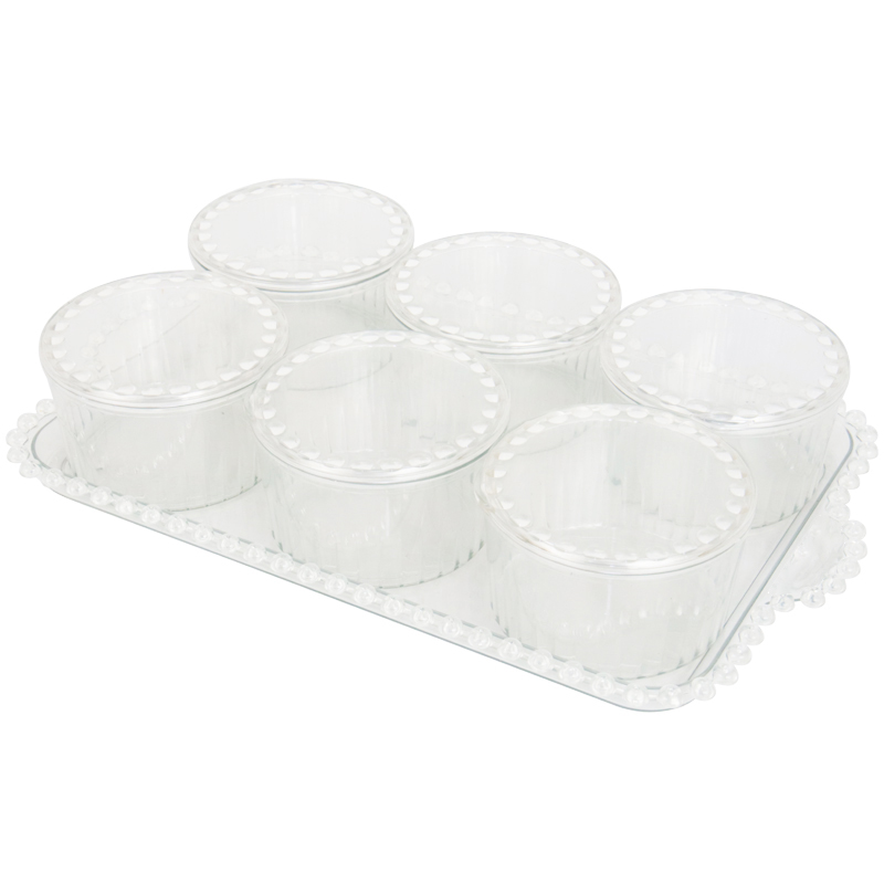 SET PETIT DEJEUNER : PLATEAU + 6 POTS EN CRYSTAL PLASTIQUE TRANSPARENT 34X21X6 CM