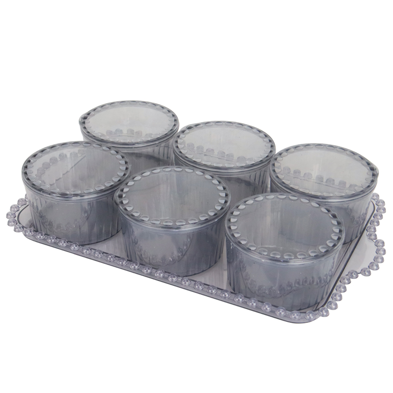 SET PETIT DEJEUNER : PLATEAU + 6 POTS EN CRYSTAL PLASTIQUE MAT 34X21X6 CM