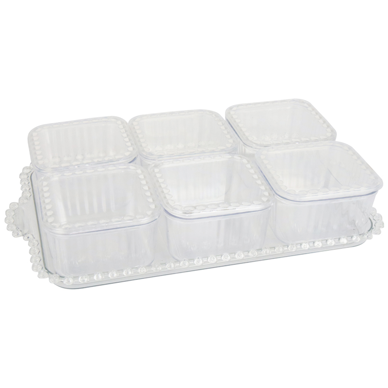 SET PETIT DEJEUNER : PLATEAU + 6 POTS EN CRYSTAL PLASTIQUE TRANSPARENT 33X20X6 CM