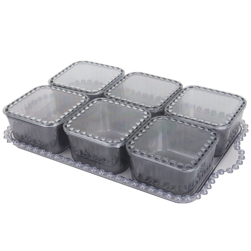 SET PETIT DEJEUNER : PLATEAU + 6 POTS EN CRYSTAL PLASTIQUE MAT 33X20X6 CM