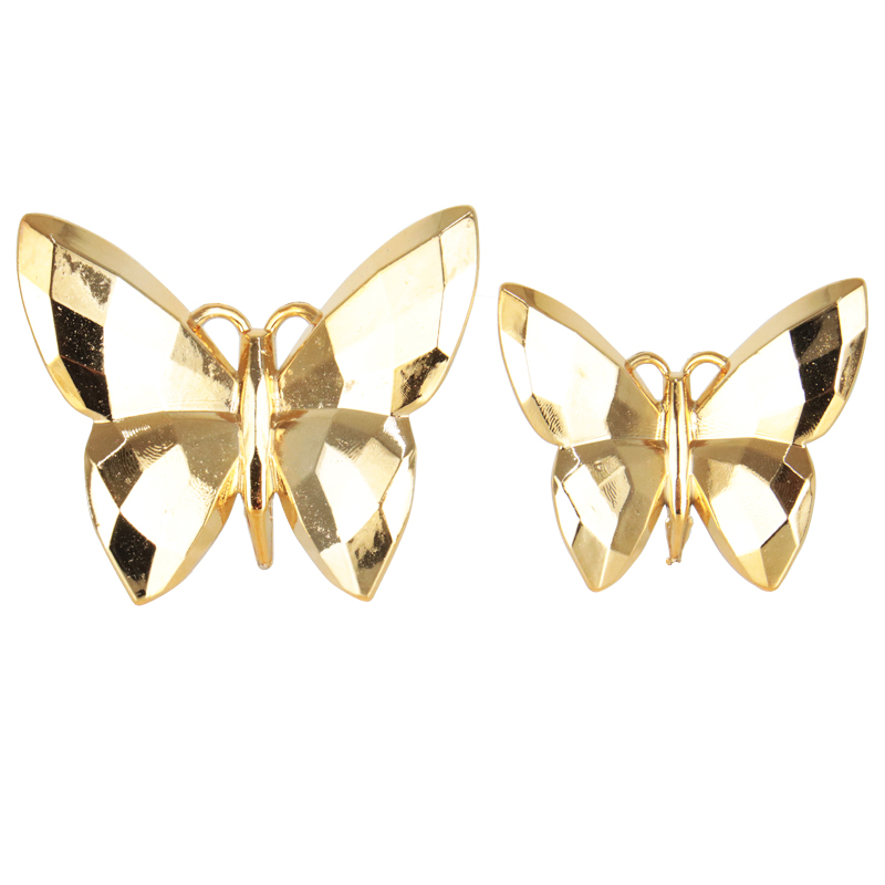 2 PIECES DECO PAPILLON 13X12 CM + 10X9 CM PLASTIQUE MODELE OR