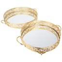 SET 2 PLATEAUX DECO METAL ROND AVEC POIGNEE. 30 CM / 35 CM MODELE OR