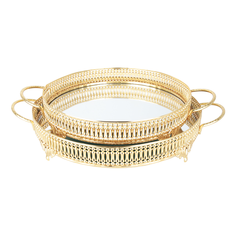 SET 2 PLATEAUX DECO METAL ROND 30 &amp; 35 CM MODELE OR
