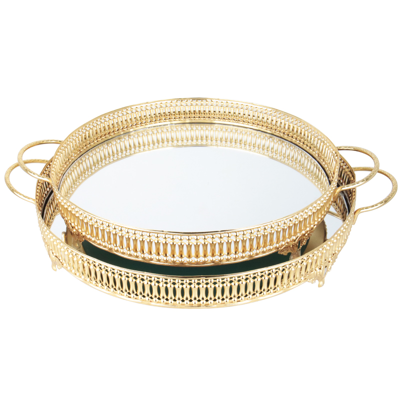 SET 2 PLATEAUX DECO METAL ROND 35 &amp; 40 CM MODELE OR