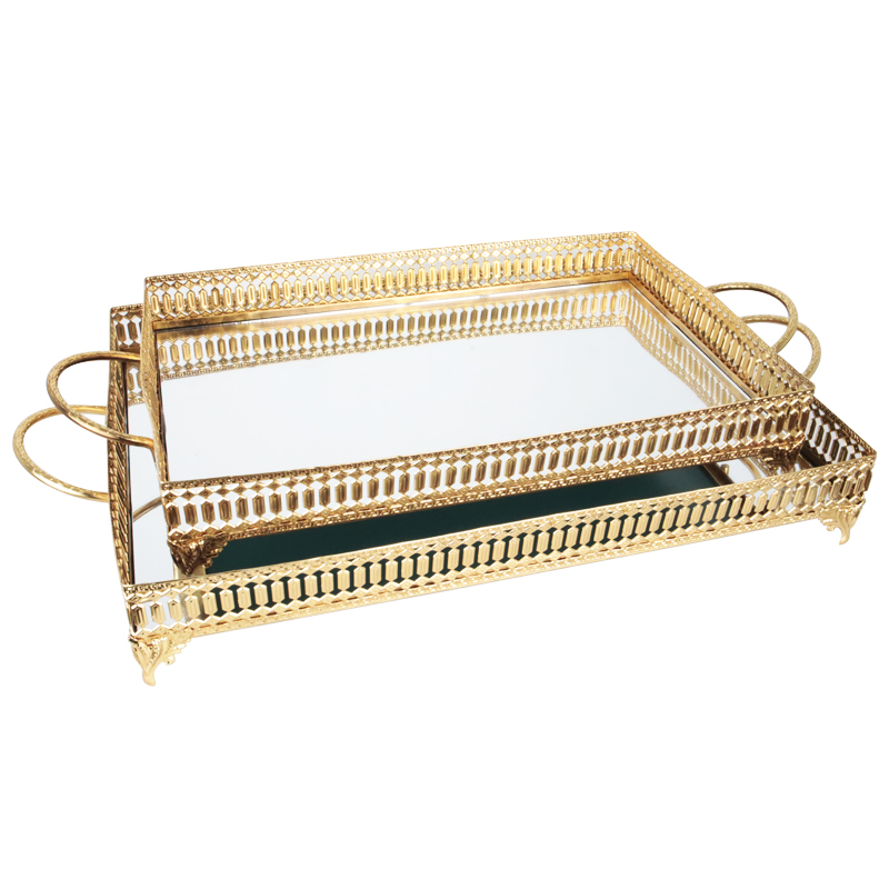 SET 2 PLATEAUX DECO METAL RECTANGULAIRE 37X24 / 43X31 CM MODELE OR