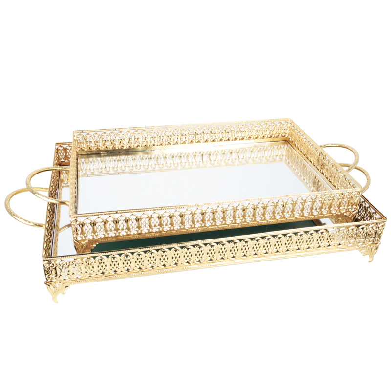 SET 2 PLATEAUX DECO METAL RECTANGULAIRE 37X24 / 43X31 CM MODELE OR