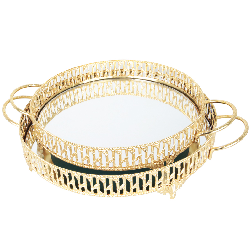 SET 2 PLATEAUX DECO METAL ROND 35 &amp; 40 CM MODELE OR