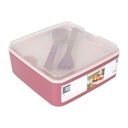 BOITE A DEJEUNER 14X14X6 CM AVEC FOURCHETTE + CUILLERE MIX ROSE/VIOLET/BLEU/JAUNE
