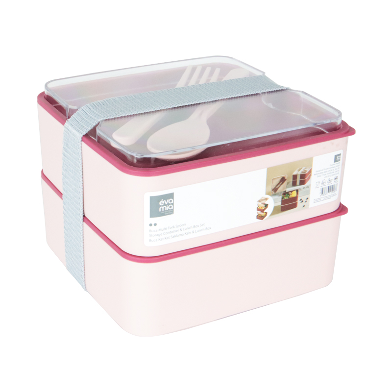 BOITE A DEJEUNER 2 NIVEAUX AVEC FOURCHETTE + CUILLERE 11X19X10,5 CM MIX ROSE/VIOLET
