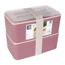 BOITE A DEJEUNER 2 NIVEAUX AVEC FOURCHETTE + CUILLERE 11X19X10,5 CM MIX VERT/VIOLET