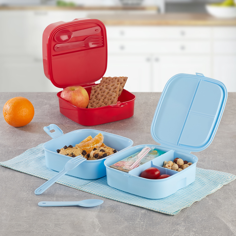 BOITE A DEJEUNER AVEC CUILLERE + FOURCHETTE 14X14X9 CM MIX ROSE/BLEU/ROUGE/BEIGE