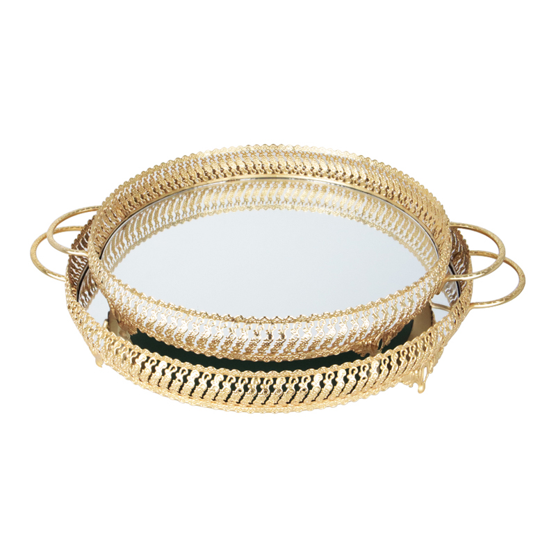 SET 2 PLATEAUX DECO METAL ROND 30 &amp; 35 CM MODELE OR