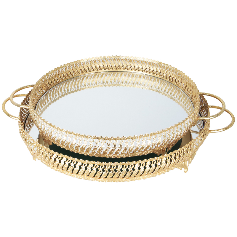 SET 2 PLATEAUX DECO METAL ROND 35 &amp; 40 CM MODELE OR