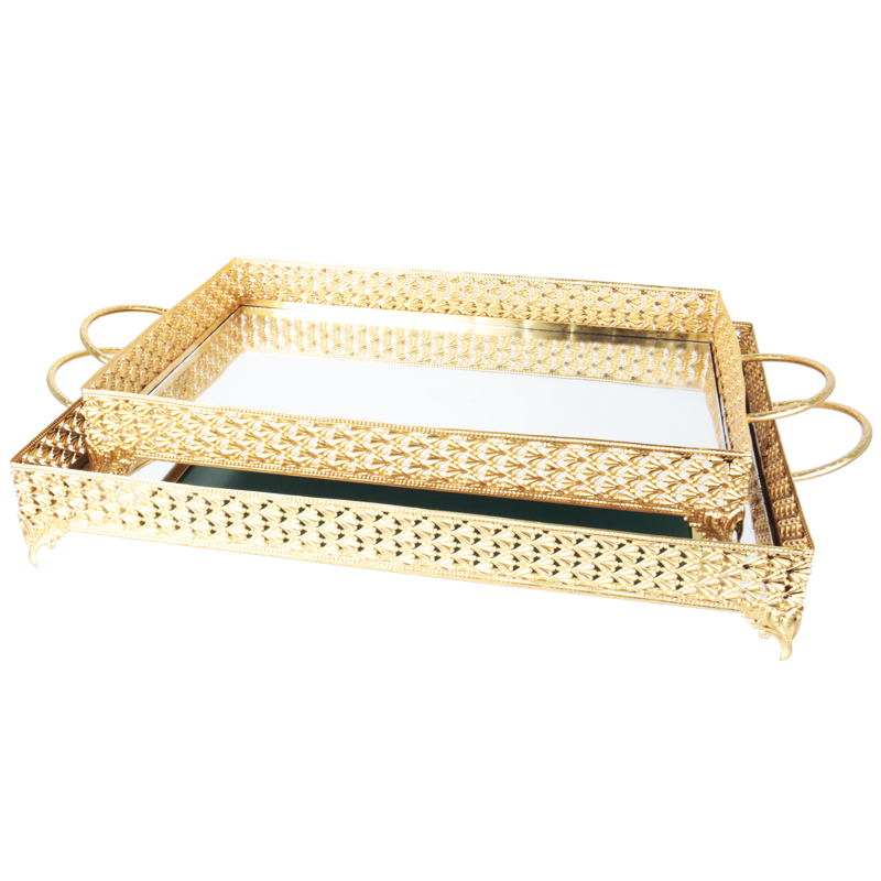 SET 2 PLATEAUX DECO METAL RECTANGULAIRE 37*25 &amp; 43*32 CM MODELE OR