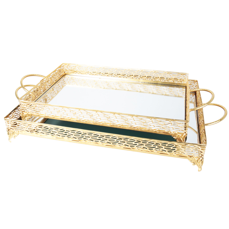 SET 2 PLATEAUX DECO METAL RECTANGULAIRE 37*25 &amp; 43*32 CM MODELE OR