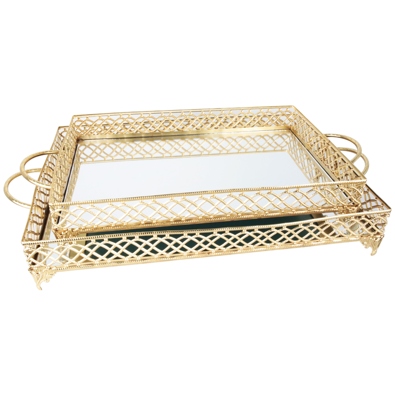 SET 2 PLATEAUX DECO METAL RECTANGULAIRE 37*25 &amp; 43*32 CM MODELE OR