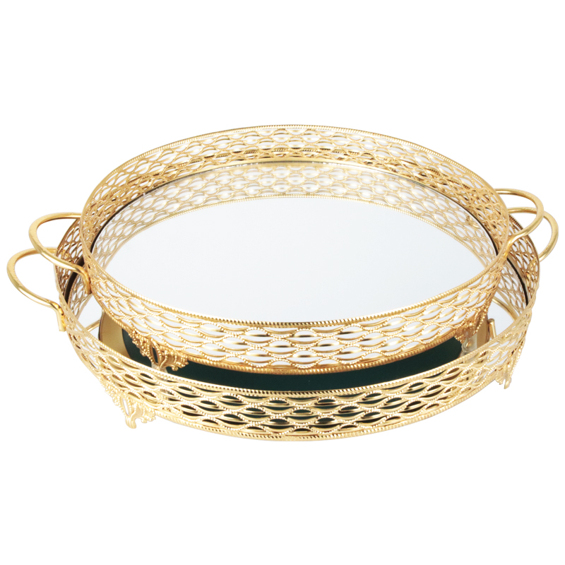 SET 2 PLATEAUX DECO METAL ROND 35 &amp; 40 CM MODELE OR
