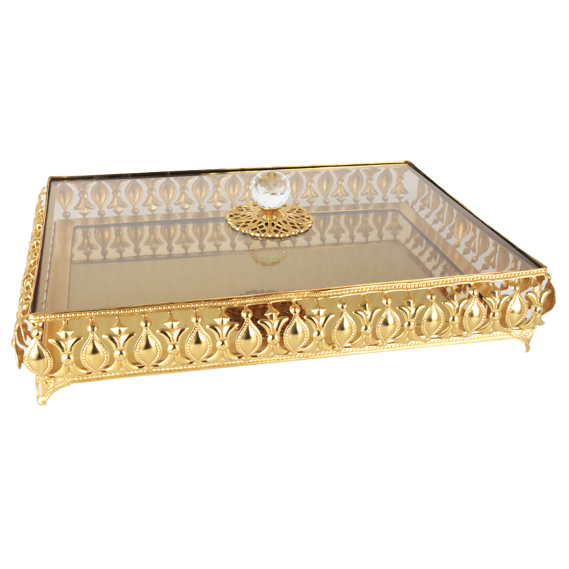 PLATEAU PRESENTOIR DECO METAL AVEC COUVERCLE EN VERRE 38X27X7 CM MODELE OR