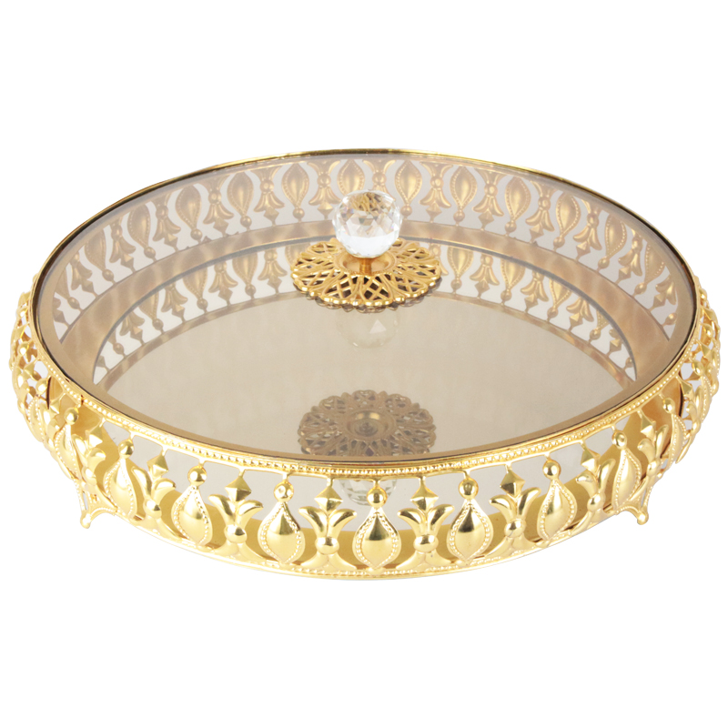 PLATEAU PRESENTOIR DECO METAL ROND AVEC COUVERCLE EN VERRE 33X7 CM MODELE OR