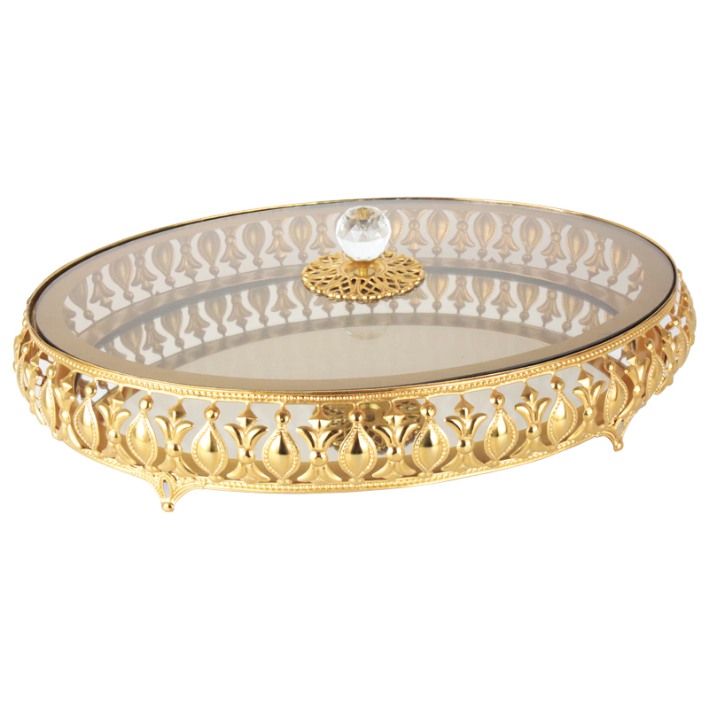 PLATEAU PRESENTOIR DECO METAL OVAL AVEC COUVERCLE EN VERRE 39X29X7 CM MODELE OR