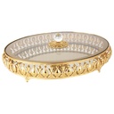 PLATEAU PRESENTOIR DECO METAL OVAL AVEC COUVERCLE EN VERRE 39X29X7 CM MODELE OR