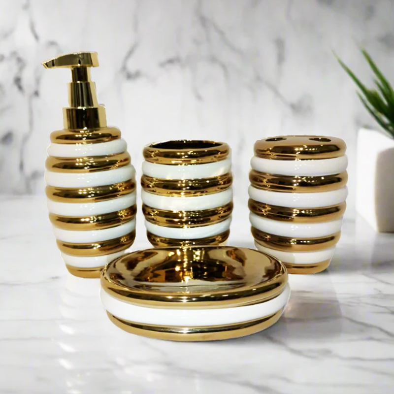 SET SALLE DE BAIN CERAMIQUE 4 PIECES MIX OR / ARGENT