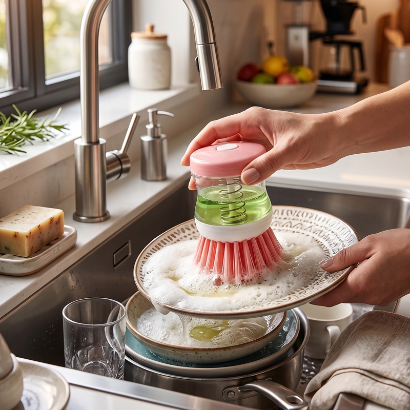 BROSSE AVEC DISTRIBUTEUR SAVON 8X5 CM MIX MAUVE/ROSE/VERT