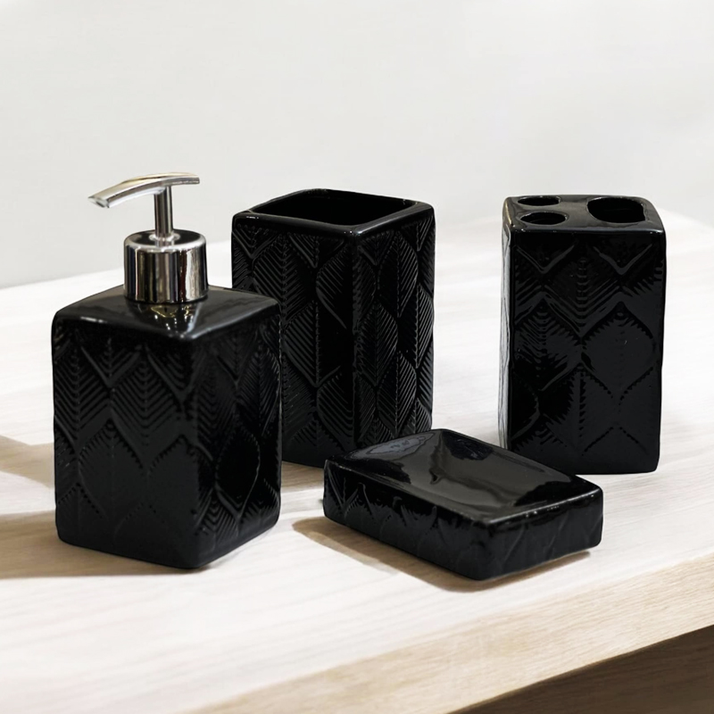SET SALLE DE BAIN CERAMIQUE 4 PIECES MIX BLANC / NOIR